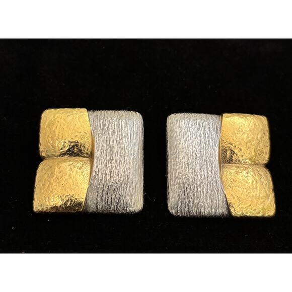Vintage Gossens Paris Hammered Gold/Textured Silver Tone Clipon EARRINGS - Picture 1 of 6